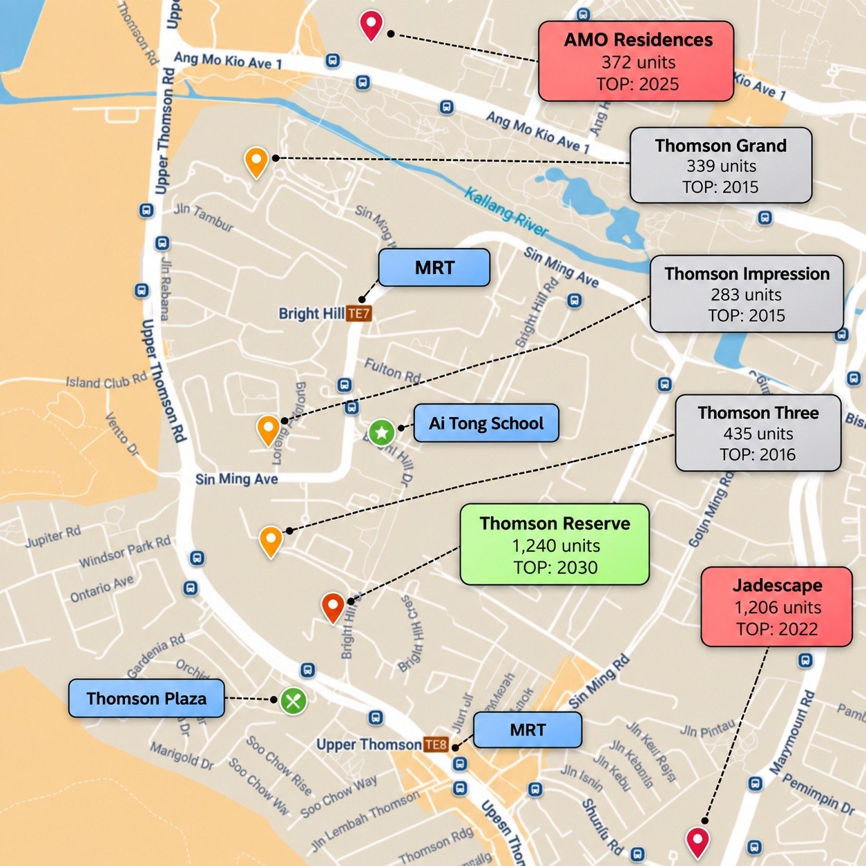 Location map: Thomson Reserve on Bright Hill Drive between Bright Hill and Upper Thomson MRT, with AMO Residence, Thomson Grand, Thomson Impression, Thomson Three, JadeScape, Ai Tong School and Thomson Plaza